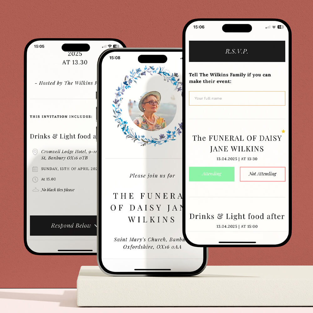 Three smartphones showing a digital funeral invitation and RSVP form created using RSVP.studio, including event details and a floral photo design