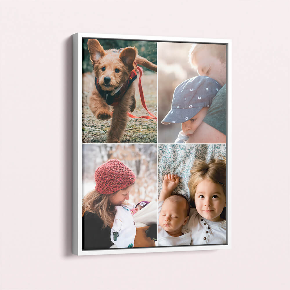 Framed canvas photo collage with four personal images including children, a baby, and a dog, ideal for memorial or funeral remembrance keepsakes