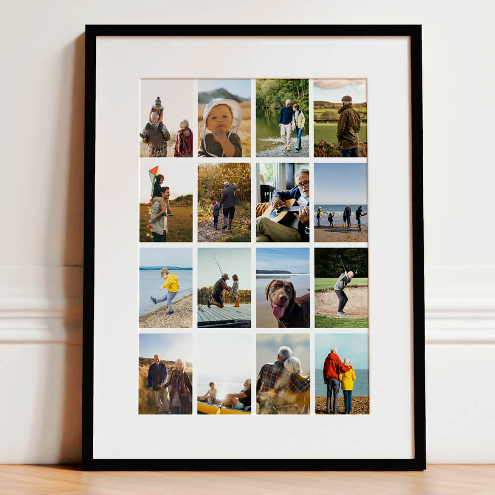 Framed and mounted photo collage for a funeral, featuring a grid of personal images in a black frame with white mount