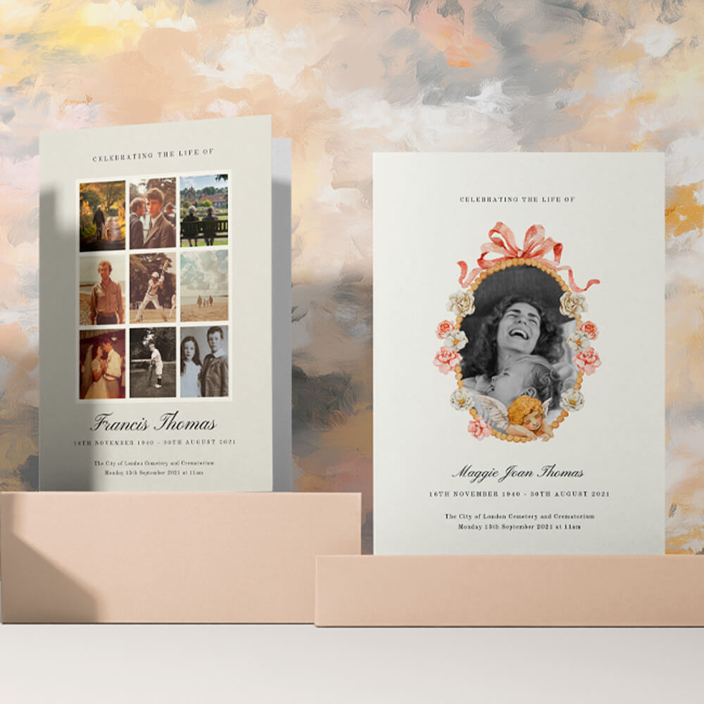 Two funeral order of service booklets with photo cover designs; one featuring a collage layout, the other a vintage portrait frame with floral elements