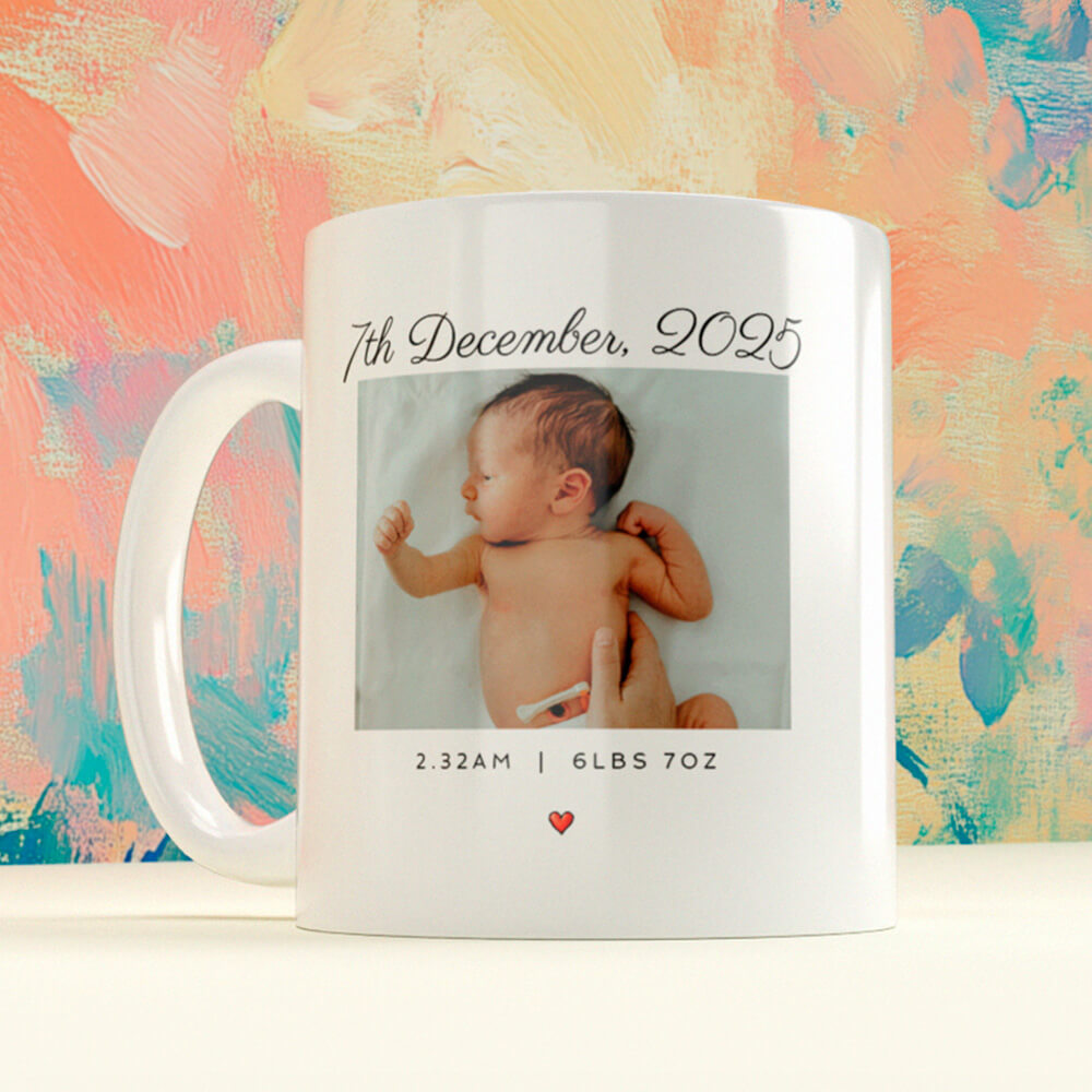 Personalised white mug featuring a baby photo with birth date, time, and weight, designed as a sentimental memory gift or keepsake