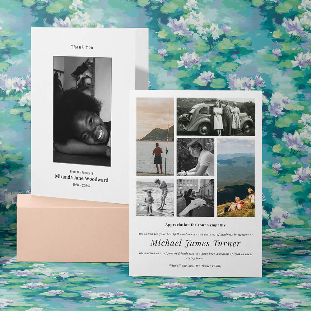 Two funeral thank you cards with personalised photo layouts; one with a full portrait and the other featuring a grid of nostalgic images, both set against a floral backdrop