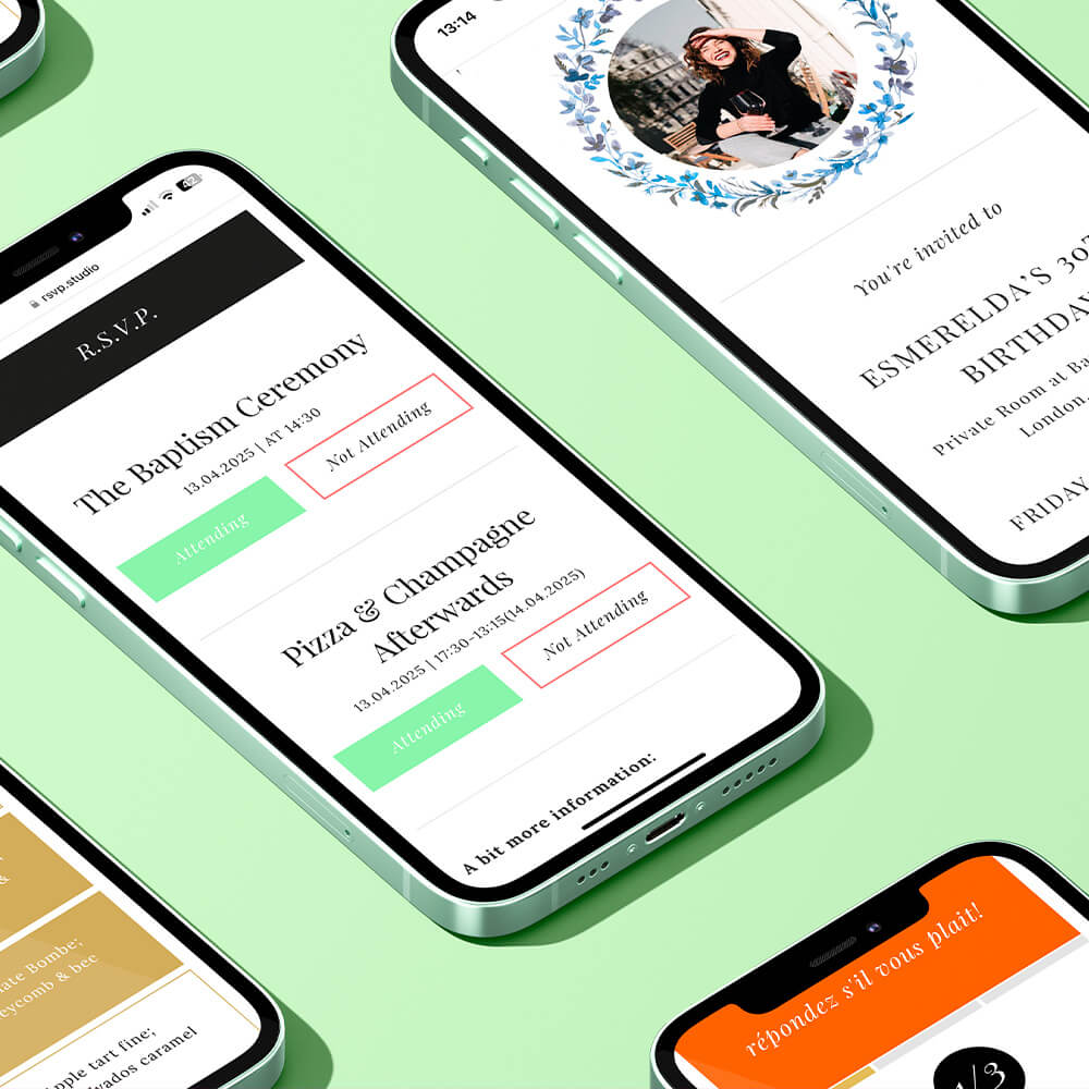 Smartphones displaying children's digital invitations and RSVP forms for a baptism and birthday party, created using RSVP.studio, laid out on a green background