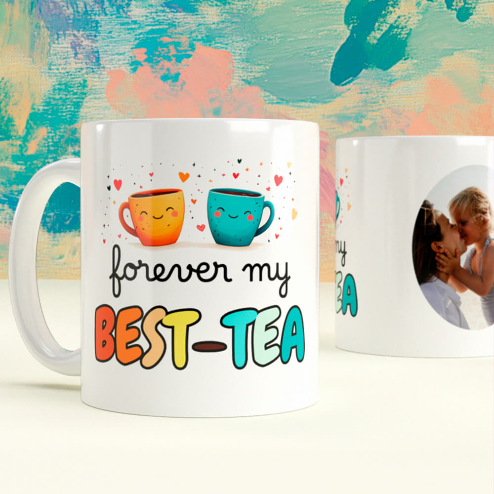 Personalised white mug with colourful text reading 