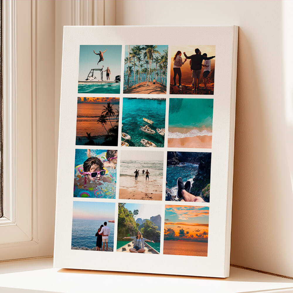 Canvas photo print leaning against a wall, displaying a collage of holiday and travel moments including beaches, sunsets, and ocean views