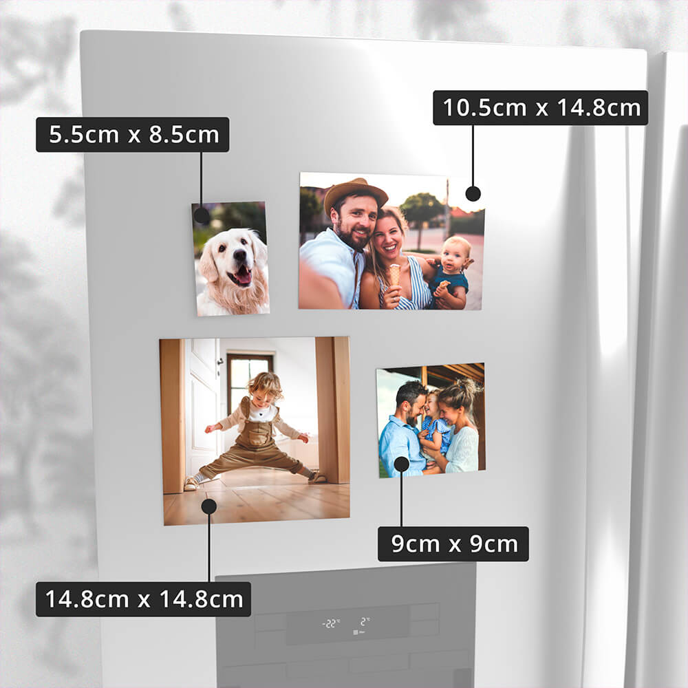 Collection of personalised photo fridge magnets in various sizes attached to a white fridge door, displaying family, children, and pet images