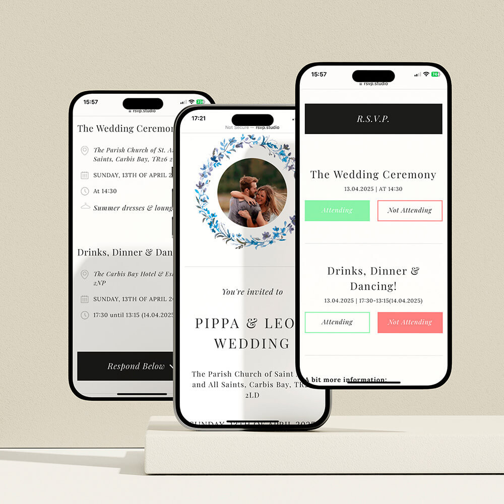 Three smartphones displaying a digital wedding invitation and RSVP form created using RSVP.studio, featuring event details and a floral photo design