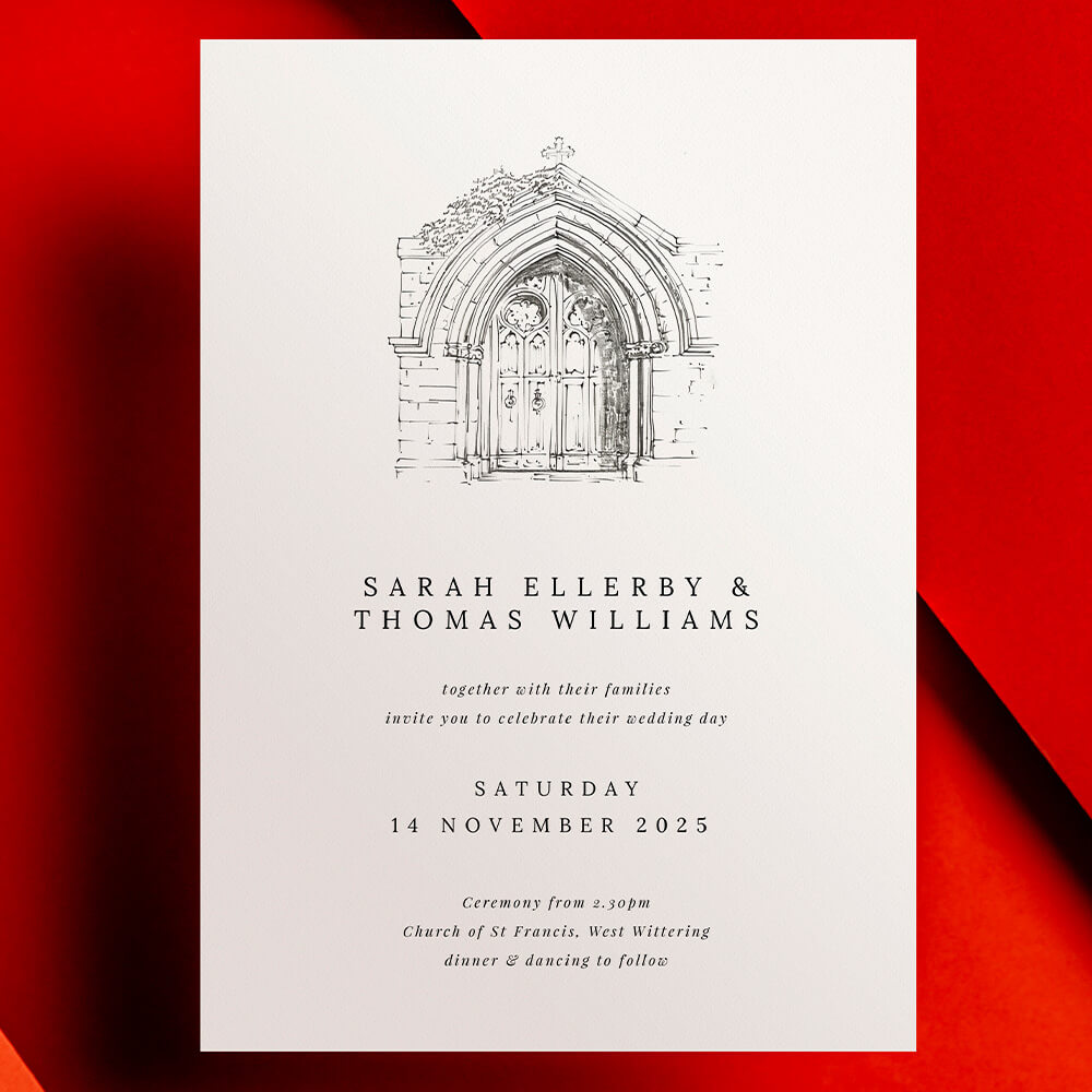 Elegant wedding invitation featuring a hand-drawn church archway illustration and classic serif typography, set against a red background