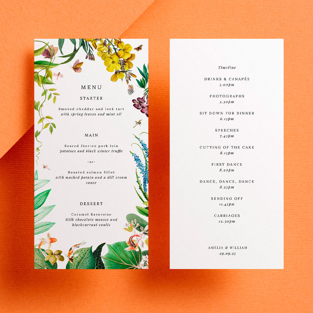 Two wedding menu and schedule cards; one with a colourful botanical border listing courses, the other detailing the evening timeline on a minimalist layout