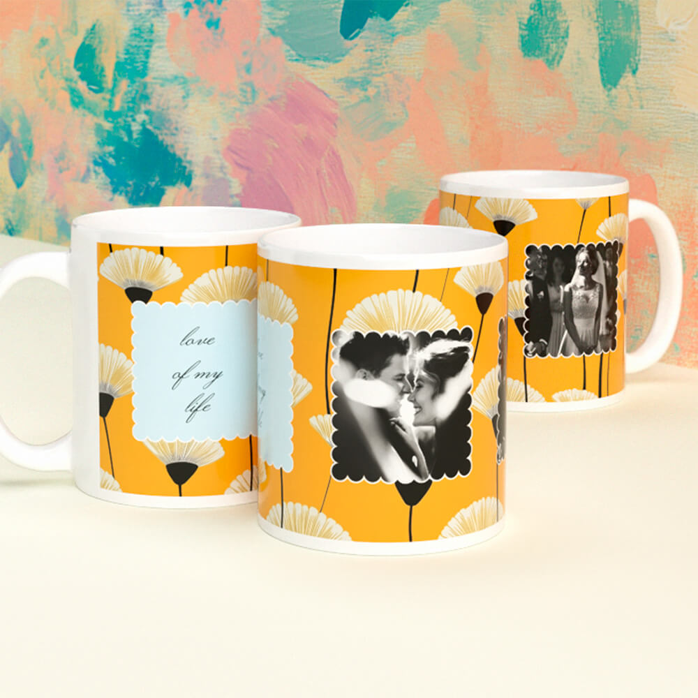 Personalised wedding photo mugs with a yellow floral background, featuring black-and-white couple portraits and a message reading 
