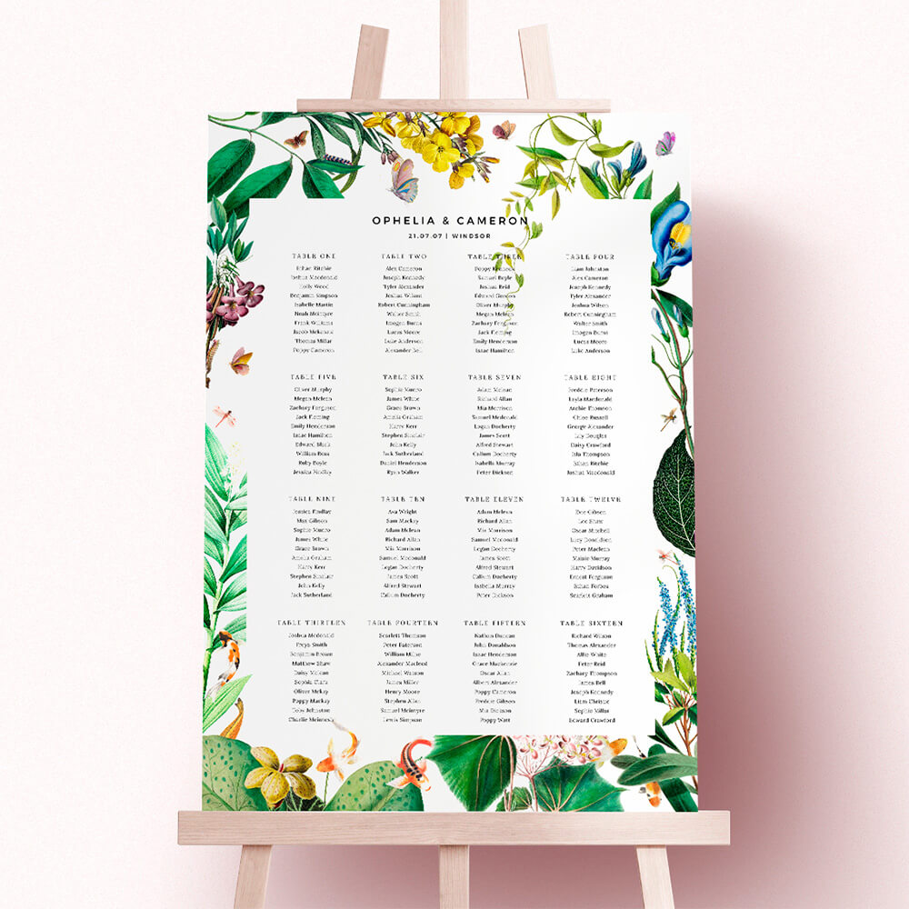 Botanical wedding table plan displayed on an easel, featuring a floral border and neatly arranged table listings for guests