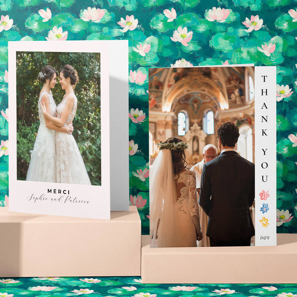 Two wedding thank you cards featuring full photo covers; one with a floral border and church ceremony scene, the other with a bride couple embracing