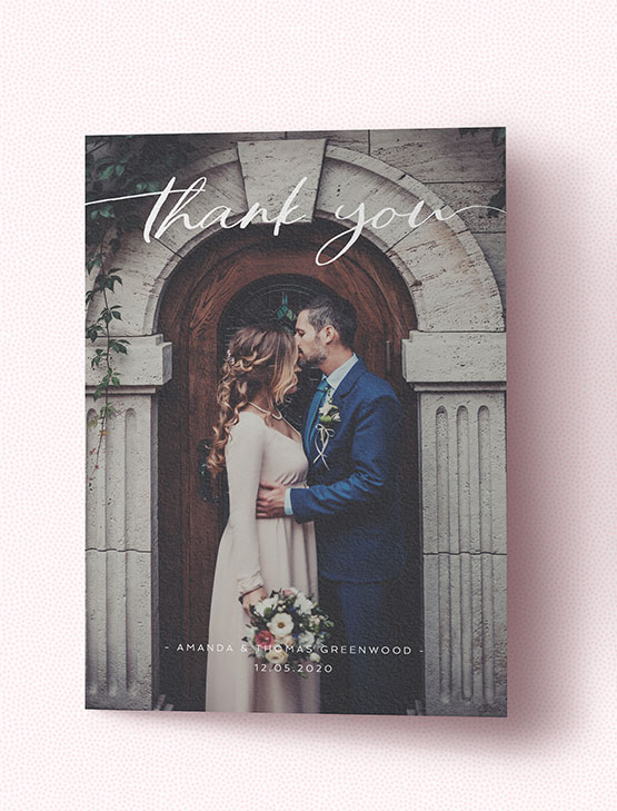 An affordable wedding thank you card with full-page photo