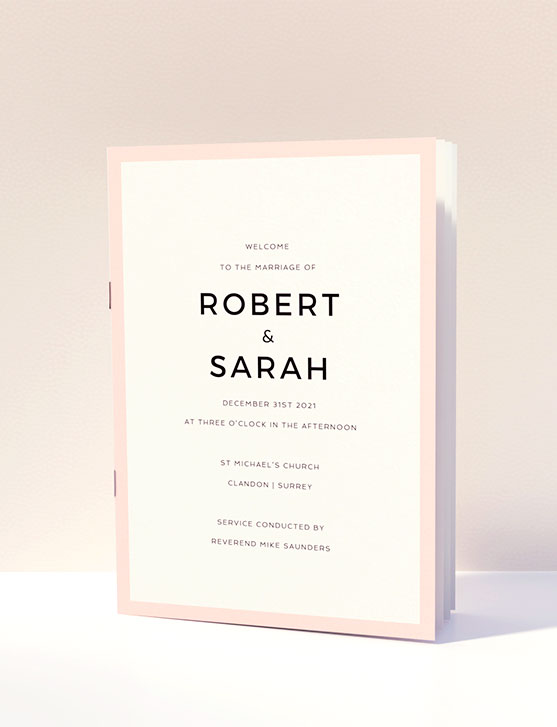 A classic wedding order of service design with multiple pages and a pink border