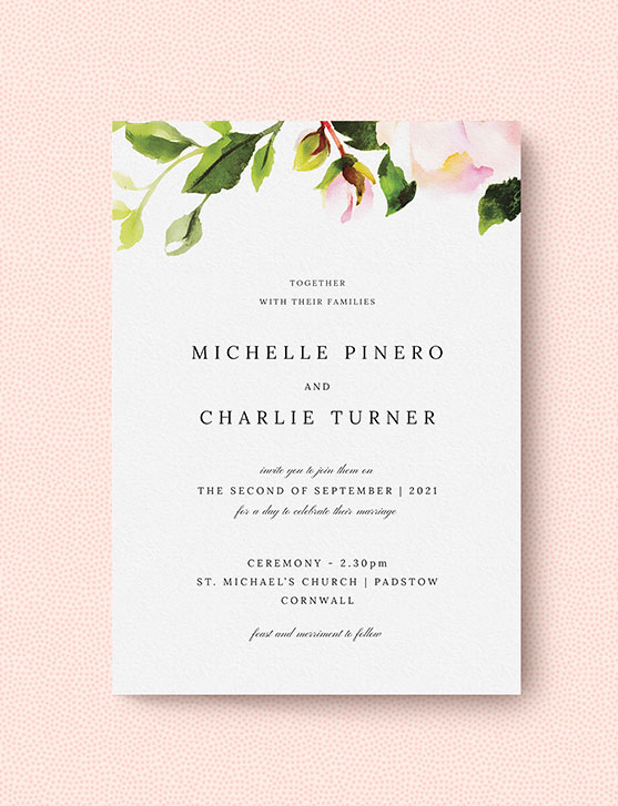 A personalised wedding invitation with floral rose design