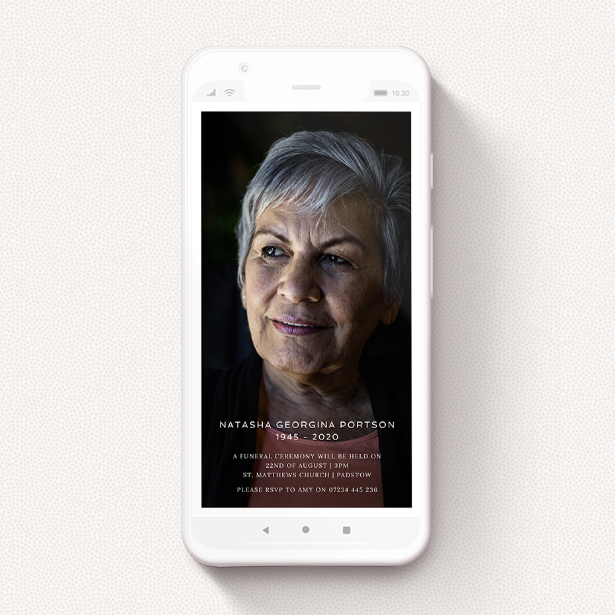 An online funeral invitation with a photo of an old lady, with white invite text ontop.
