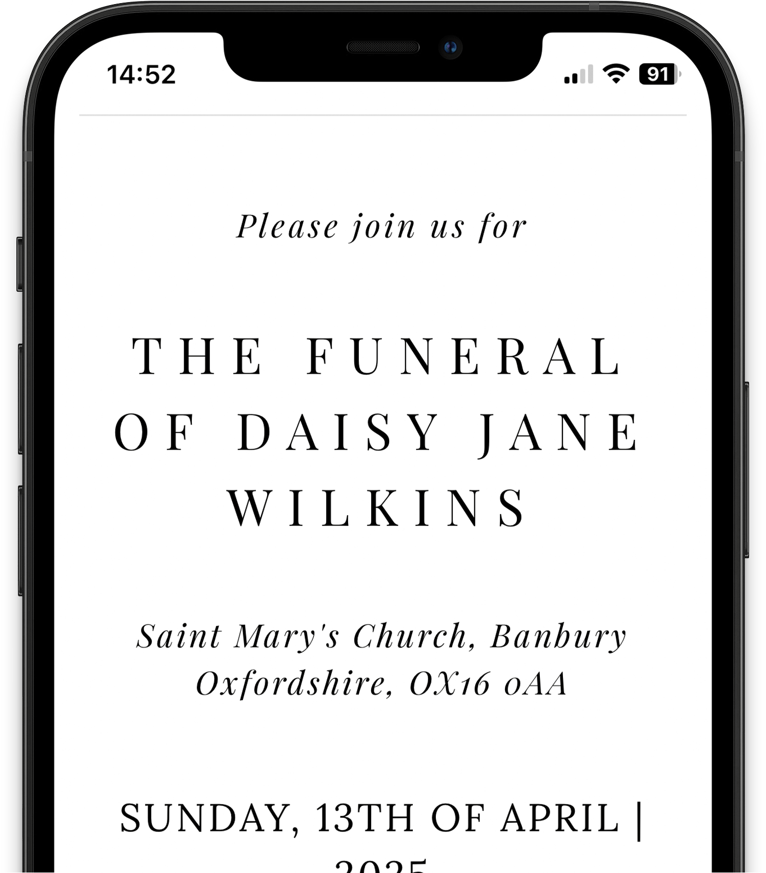 A digital funeral RSVP with lots of different information about an upcoming funeral service