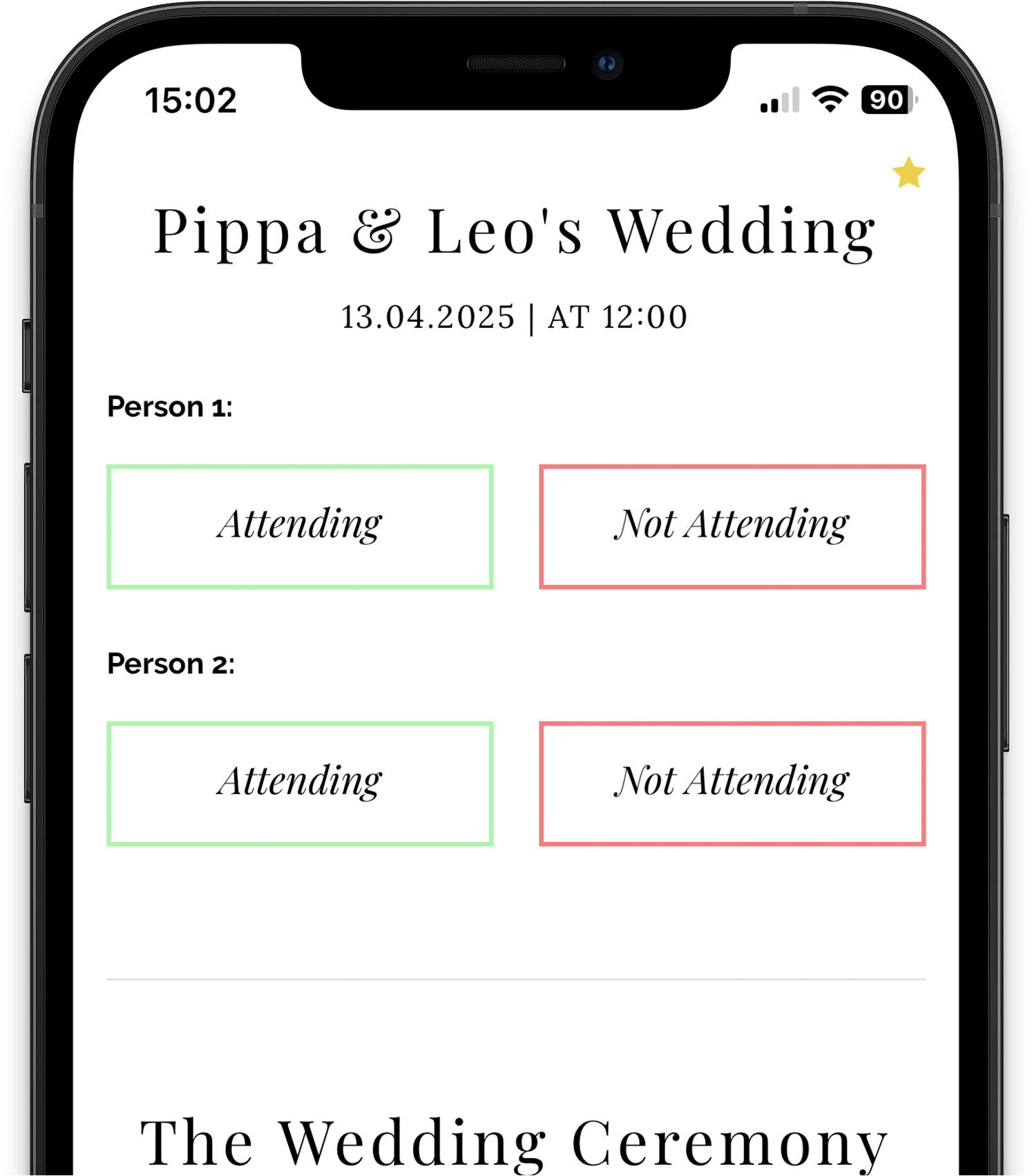 A smartphone displaying a digital RSVP link for a wedding being used by a guest and their plus one to confirm their attendance.
