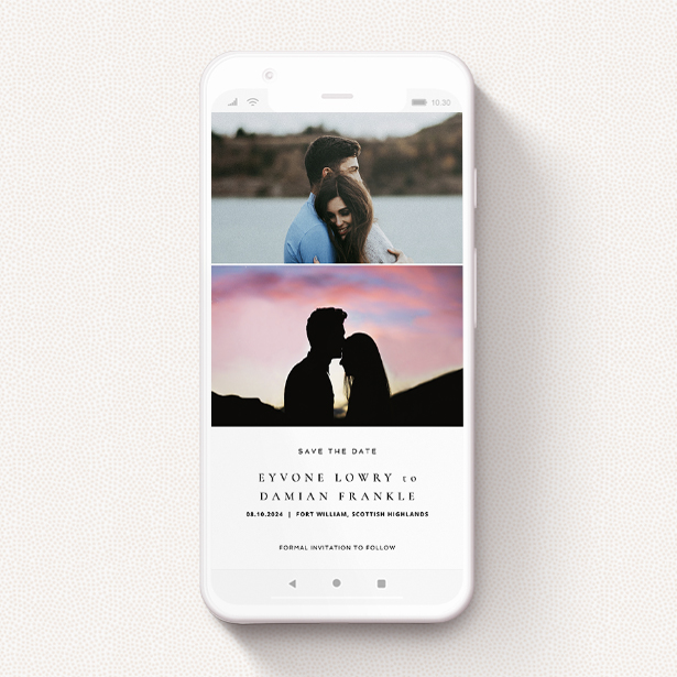 An online wedding save the date design on a smartphone, with 2 photos of the engaged couple