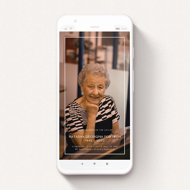 A digital funeral invitation on a smartphone. A full photo in the middle, with a white frame outside.