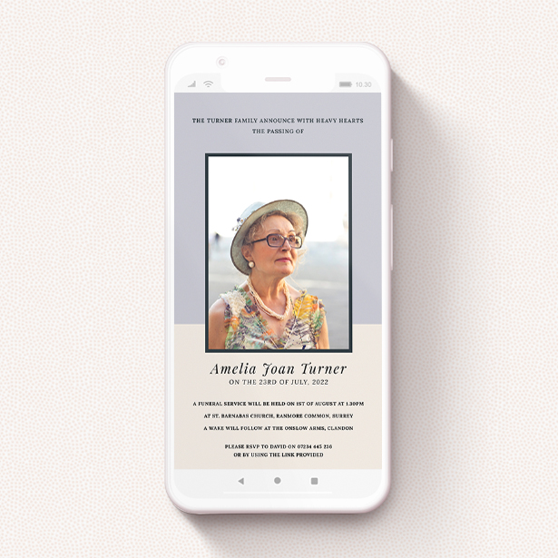 A digital funeral invitation on a smartphone. It has a photo frame in the middle, with a lilac top half and cream bottom half.