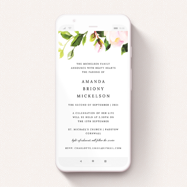 A digital funeral invitation on a smartphone. It has watercolour rose painting at the top