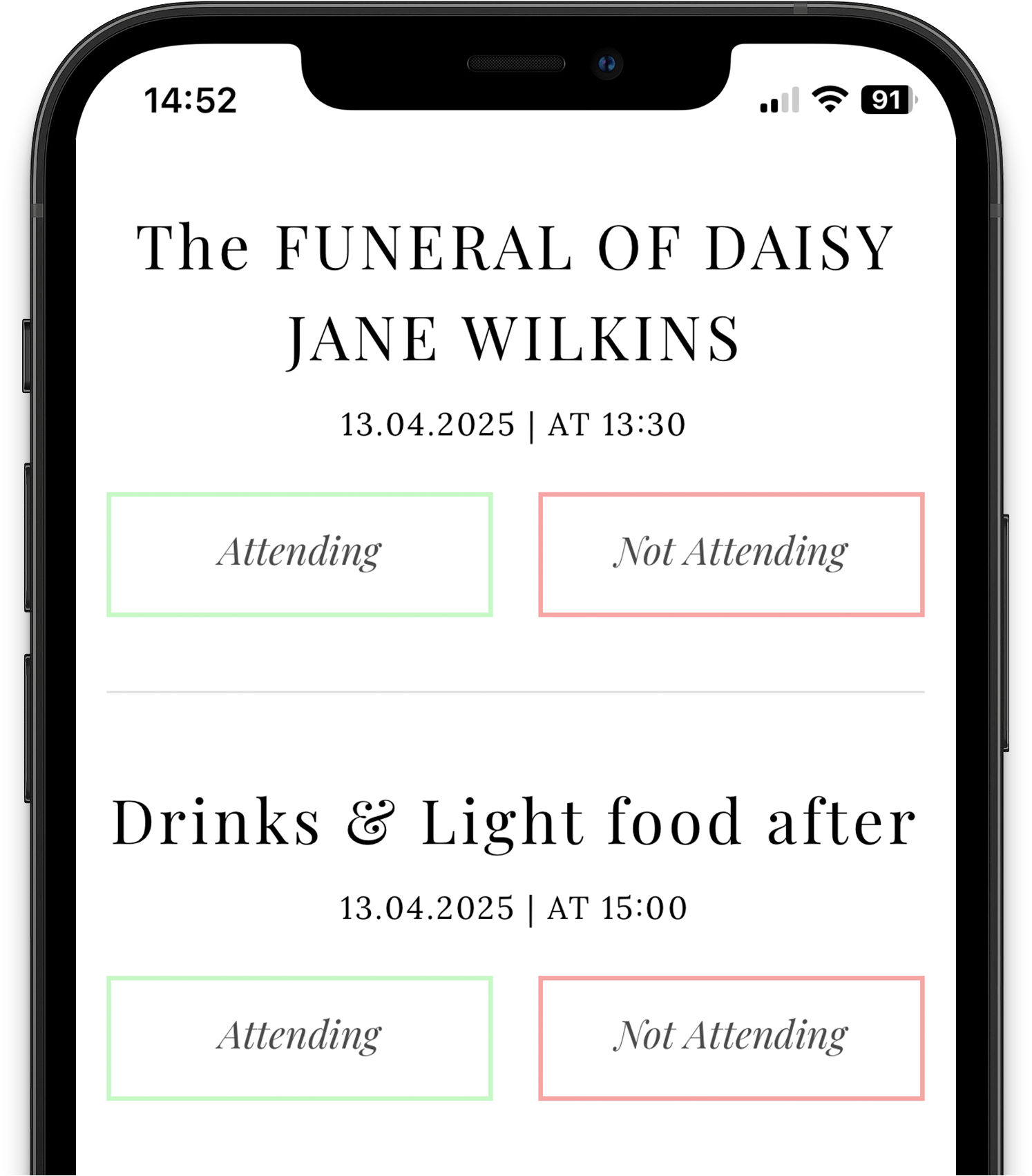 A smartphone displaying a digital RSVP link for a funeral. It shows guest attendance for the ceremony and the wake.