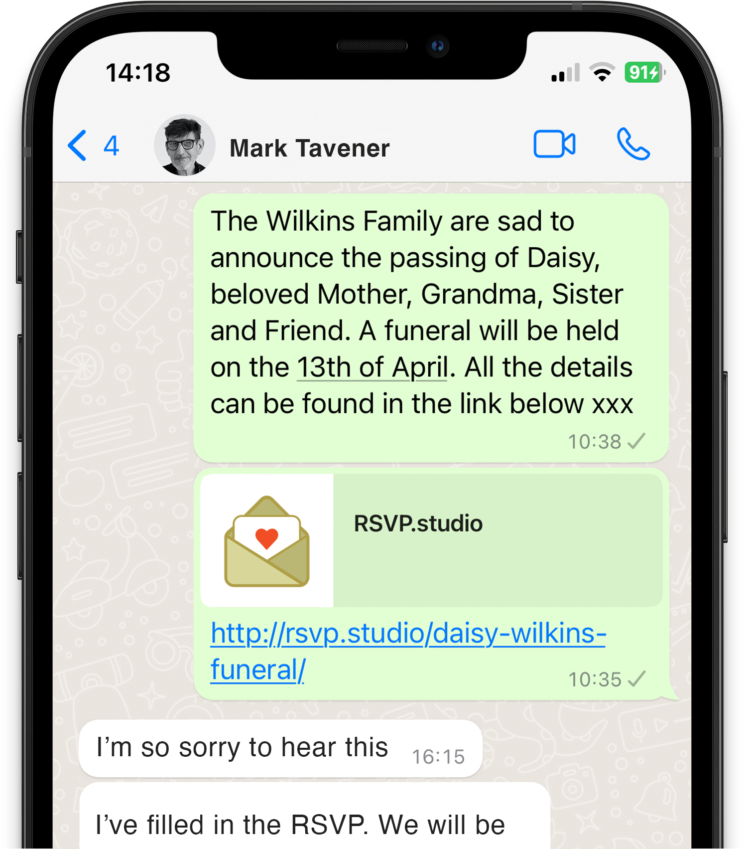 WhatsApp chat screen showing a digital RSVP invitation for a funeral