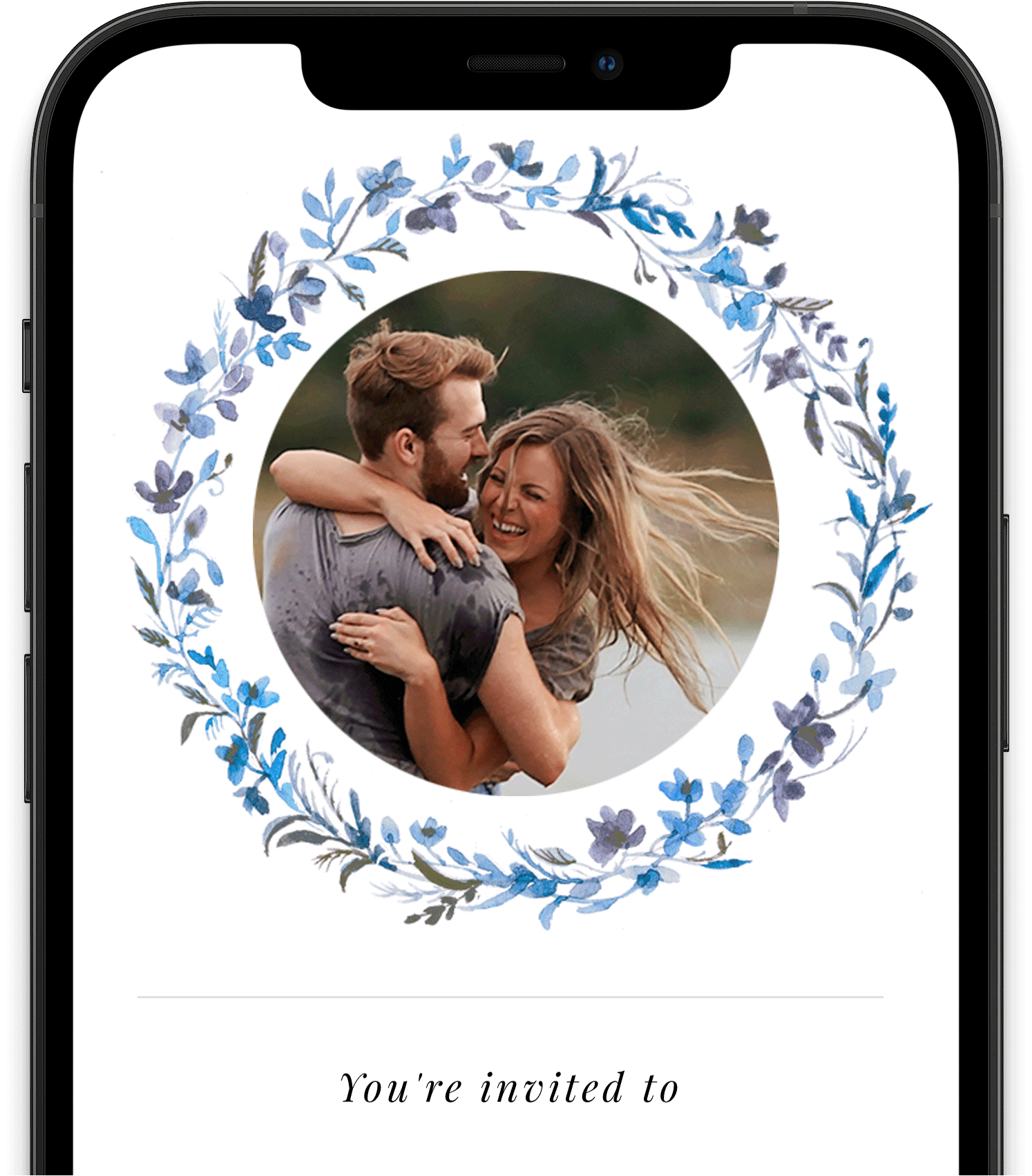 A smartphone displaying a customizable digital RSVP for a wedding, featuring the ability to upload photos.