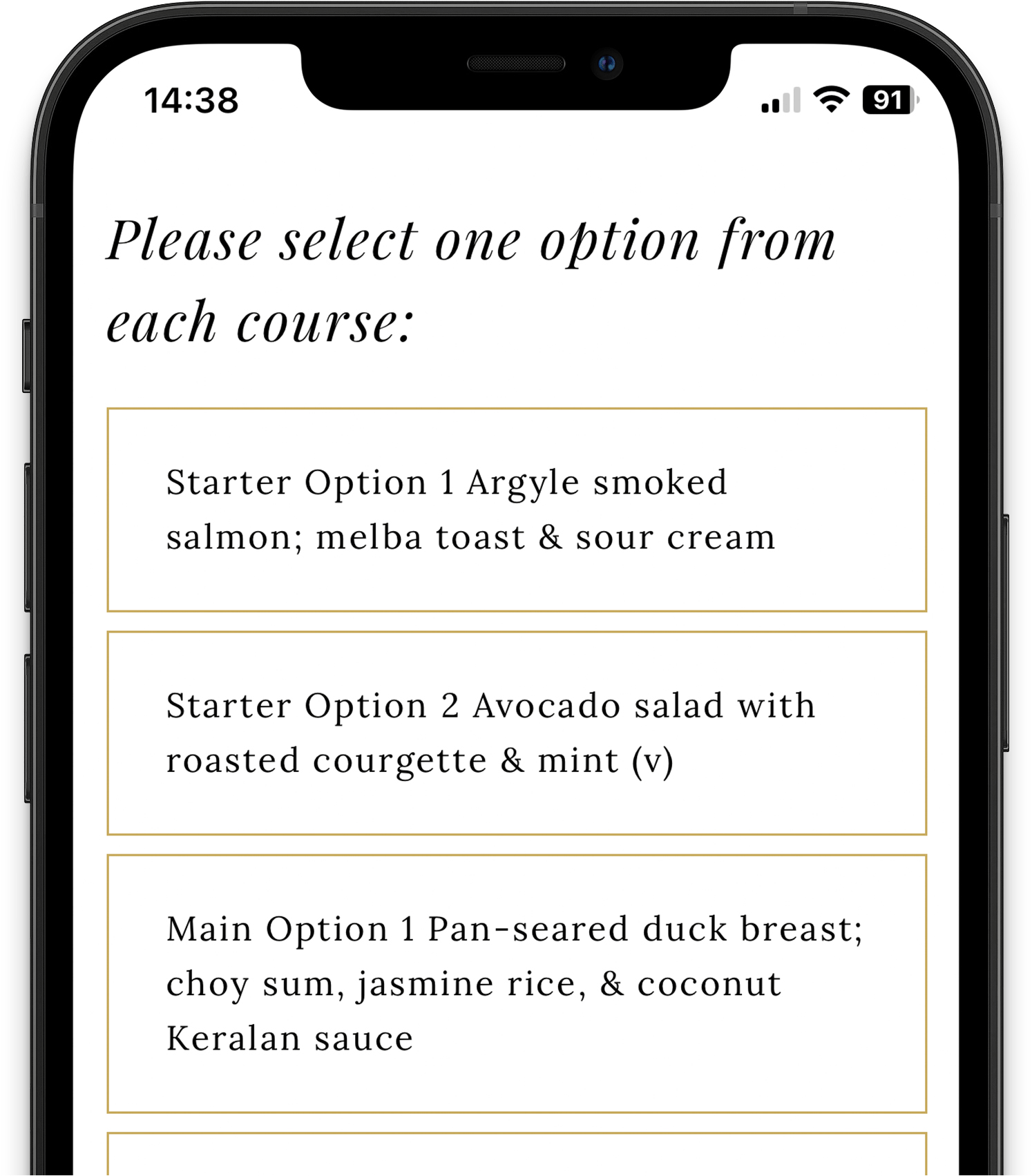 A smartphone displaying a wedding guest making food selections on a digital wedding RSVP platform.