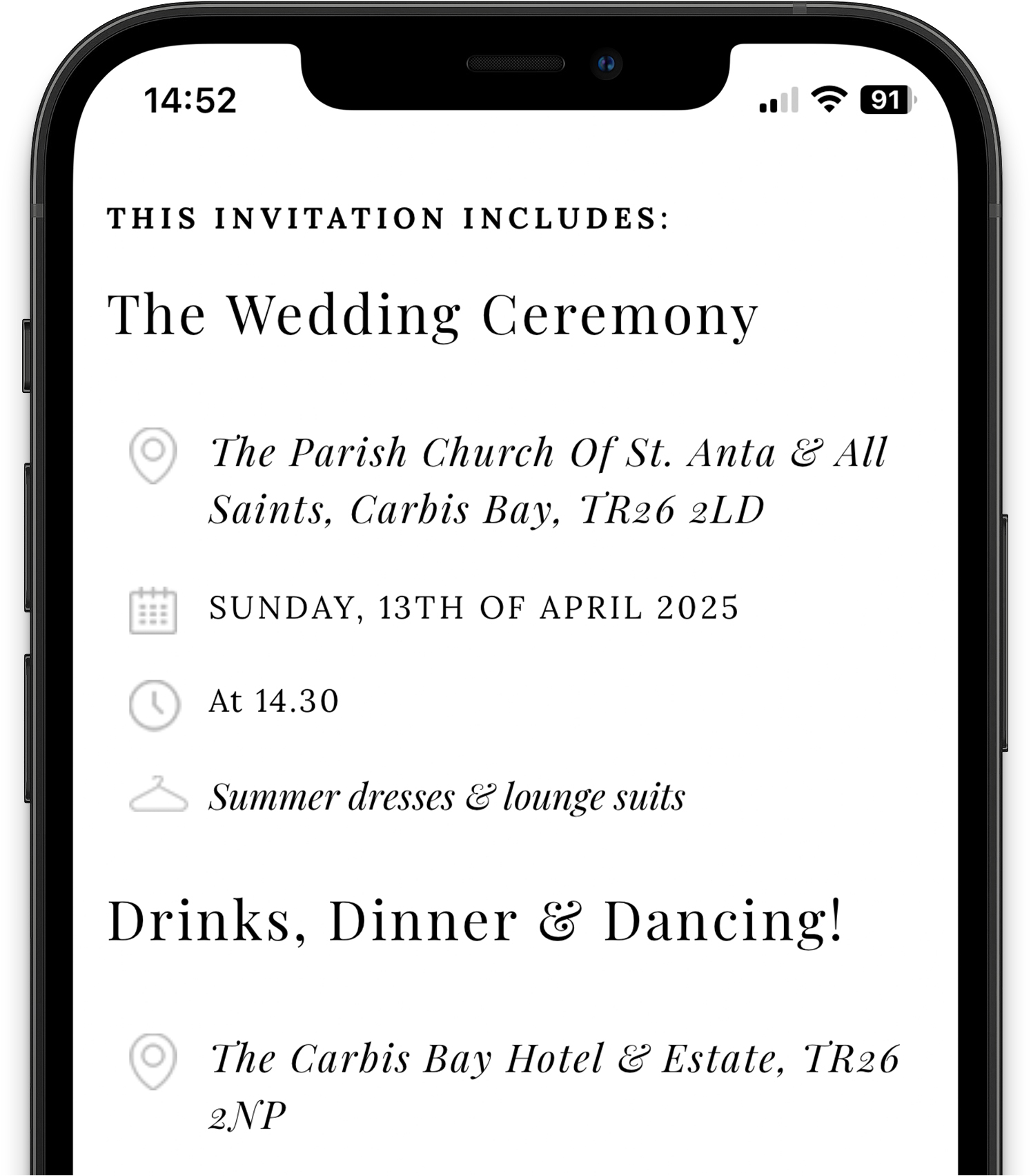 A smartphone showing a digital RSVP for a wedding with multiple sub-events