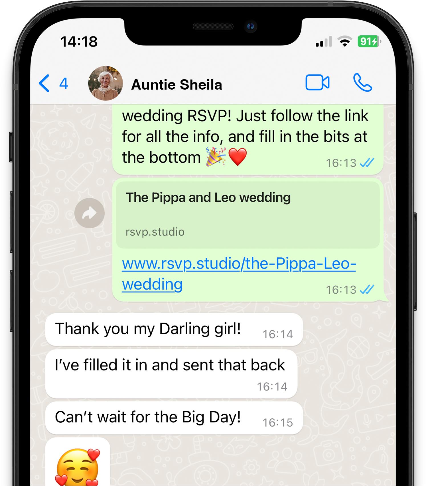 WhatsApp chat screen showing a bride-to-be sending a digital RSVP invitations link for wedding to guest