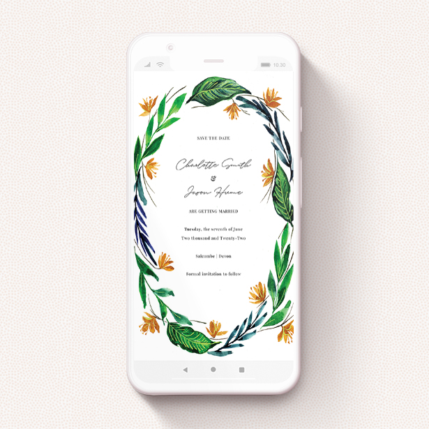 A WhatsApp wedding invite design featuring a summery painted wreath of greenery and orange flowers.