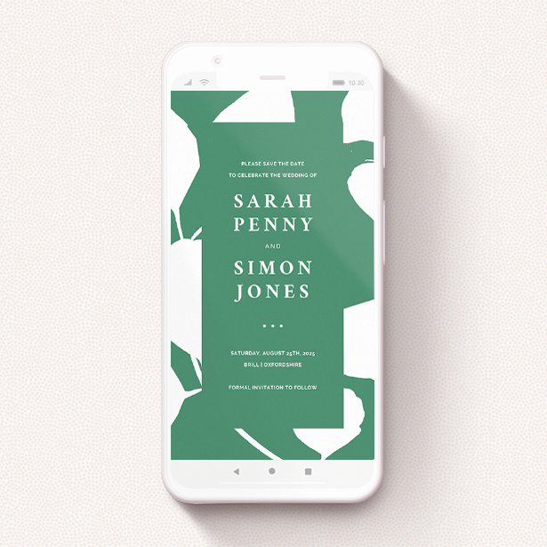 A beautiful smartphone wedding invitation with a green and white floral design.