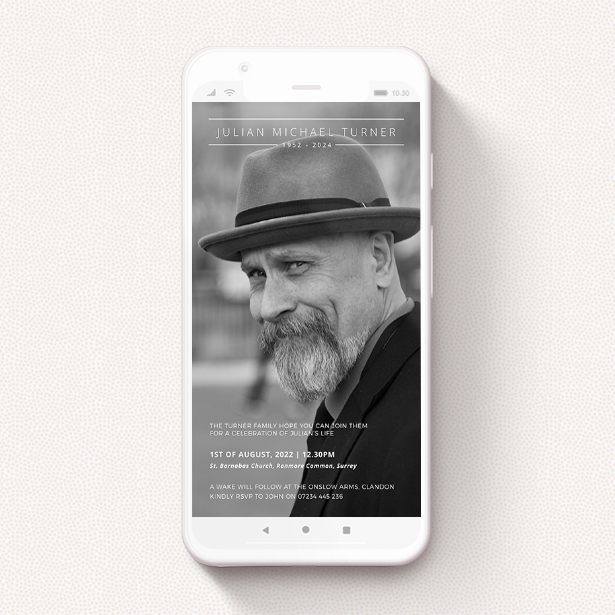 A digital funeral invitation on a smartphone. It has a full-screen black and white photo, with smart text at the top and bottom of the photo