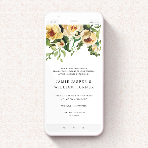 A wedding invitation design with a yellow rose floral design, on a smartphone
