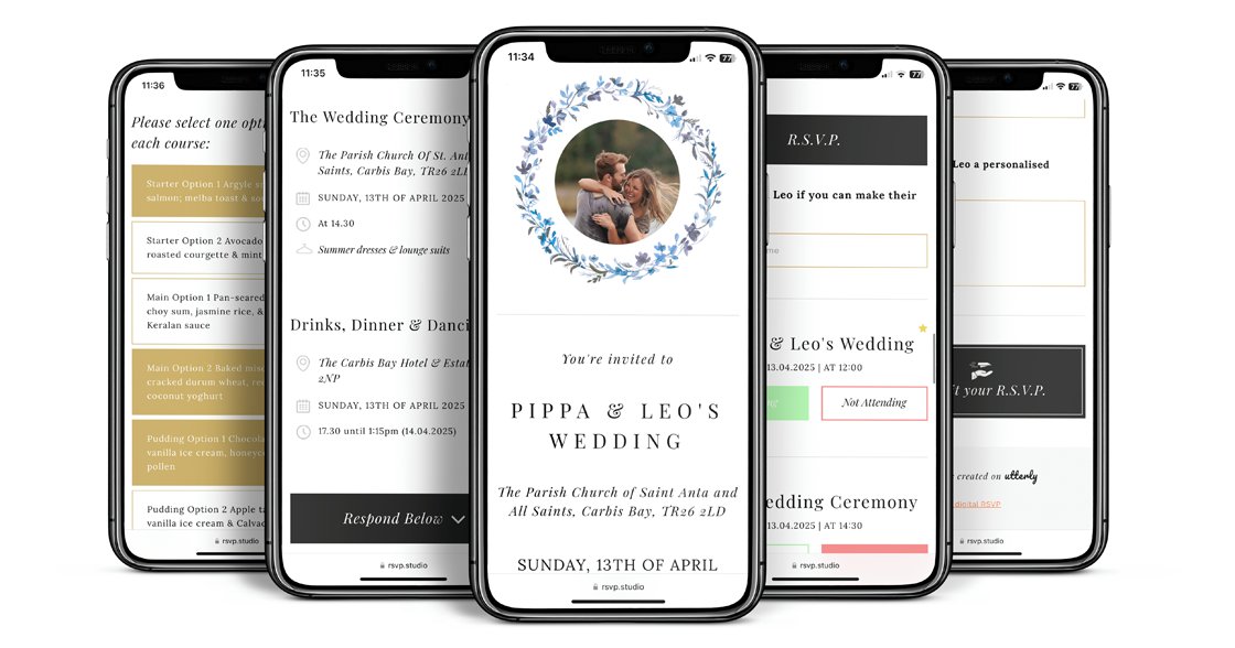 A selection of smartphone screens showing various features of a digital RSVP service