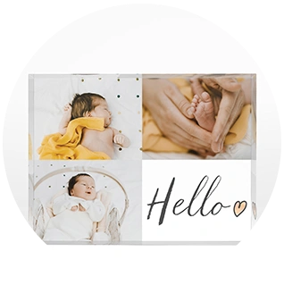 Acrylic photo block with newborn baby collage and hello text