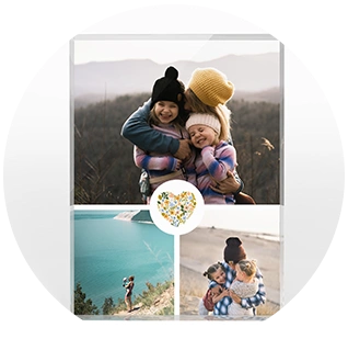 Acrylic photo block collage for mum with three family photos and floral heart