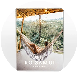 Acrylic photo block featuring a hammock holiday photo with Ko Samui text