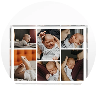 Acrylic photo block collage with baby photos and close-up moments