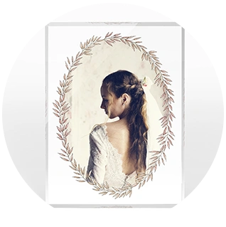 Acrylic photo block with wedding portrait in rustic floral frame