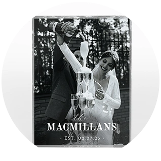 Acrylic photo block wedding gift with couple pouring champagne tower