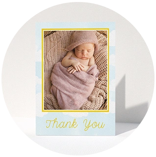 Baby blue baby thank you card with newborn photo and yellow script