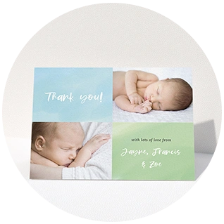 Blue and green baby thank you card with three photo collage and handwritten fonts