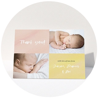 Blush pink baby thank you card with photo collage and pastel tones