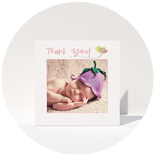 Light pink baby thank you card with single photo and balloon illustration