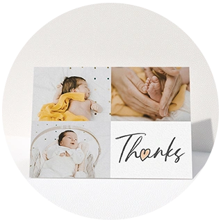 Modern baby thank you card with three photo collage and handwritten thanks