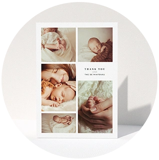 Vertical baby thank you card with soft neutral photo collage and serif text