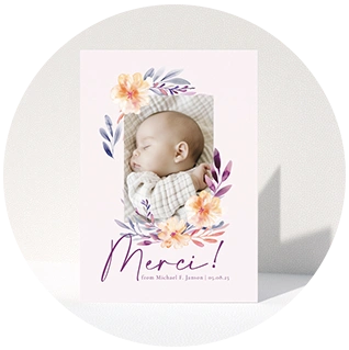 Pink floral baby thank you card with Merci message and sleeping baby